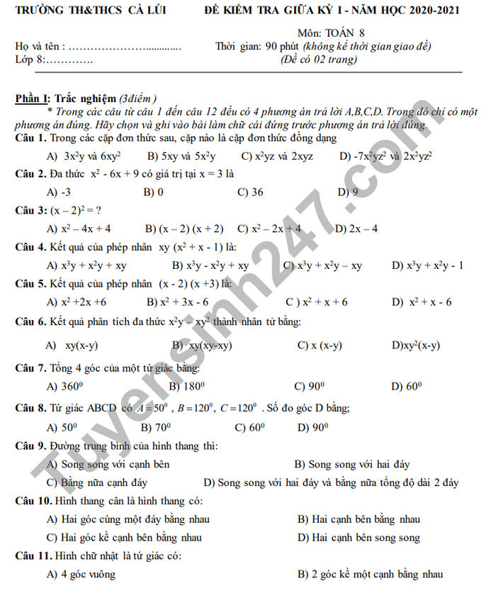 Đề kiểm tra giữa HK1 năm 2020 Toán lớp 8 TH-THCS Cà Lúi 