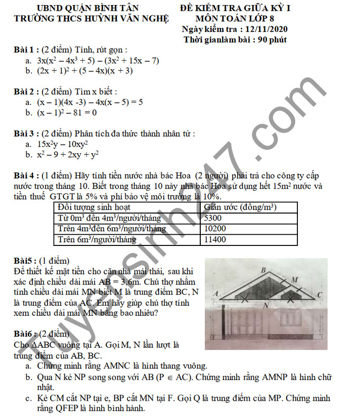 Đề kiểm tra giữa HK1 năm 2020 Toán lớp 8 THCS Huỳnh Văn Nghệ 