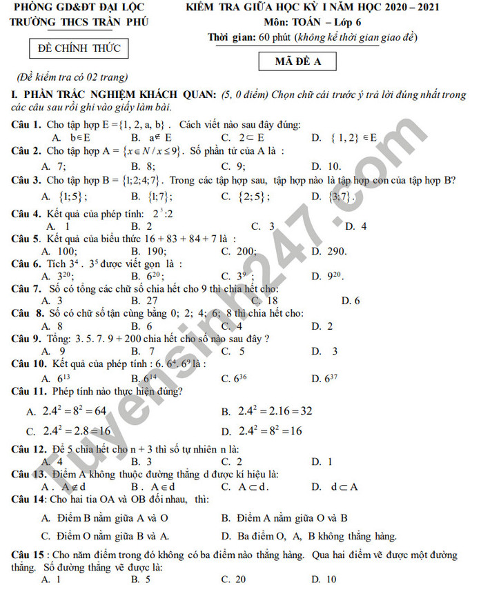 Đề kiểm tra giữa HK1 Toán lớp 6 năm 2020 THCS Trần Phú 