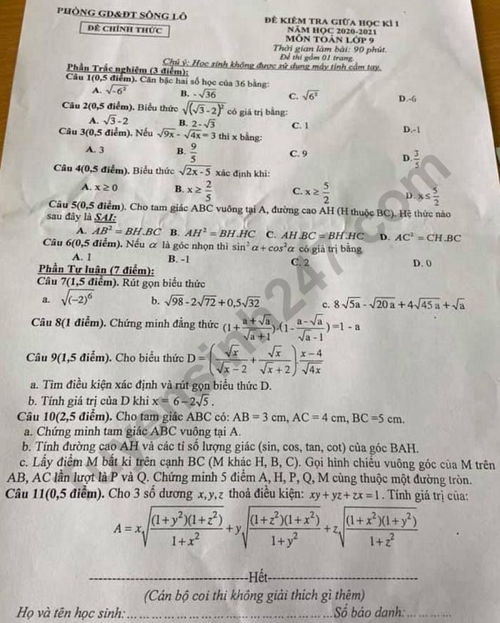 Đề kiểm tra giữa HK1 môn Toán lớp 9 Phòng GD Sông Lô năm 2020