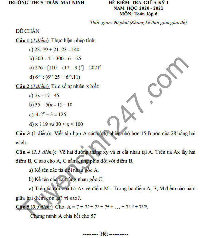 Đề kiểm tra giữa HK1 năm 2020 Toán lớp 6 THCS Trần Mai Ninh 