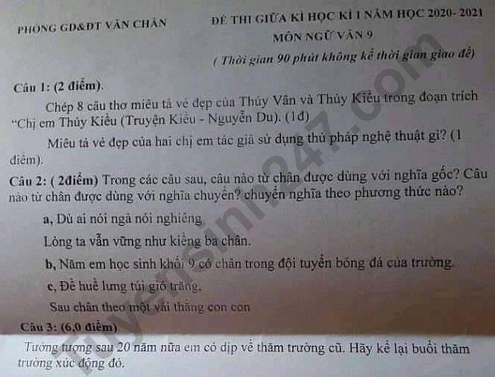 Đề kiểm tra giữa HK1 Phòng GD Văn Chấn môn Văn lớp 9 năm 2020 