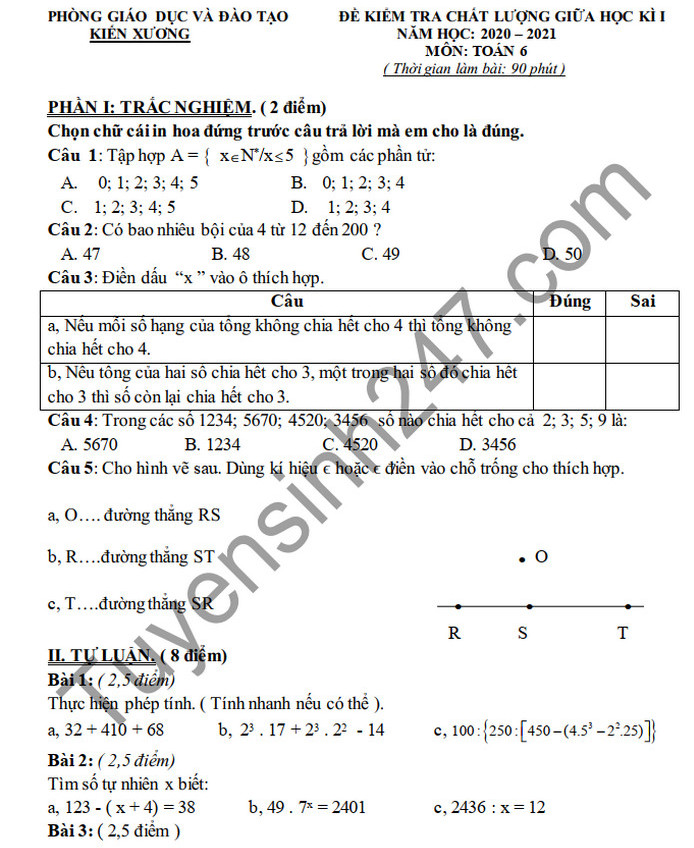 Đề kiểm tra giữa HK1 năm 2020 Toán lớp 6 Phòng GD Kiến Xương 