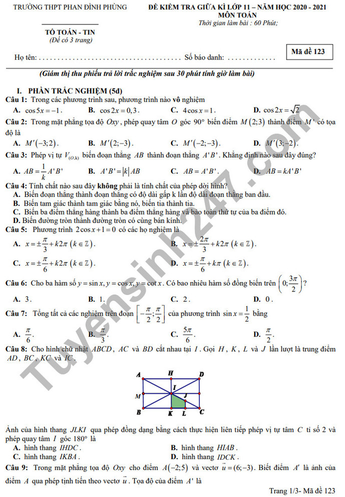 Đề kiểm tra giữa HK1 Toán lớp 11 THPT Phan Đình Phùng năm 2020