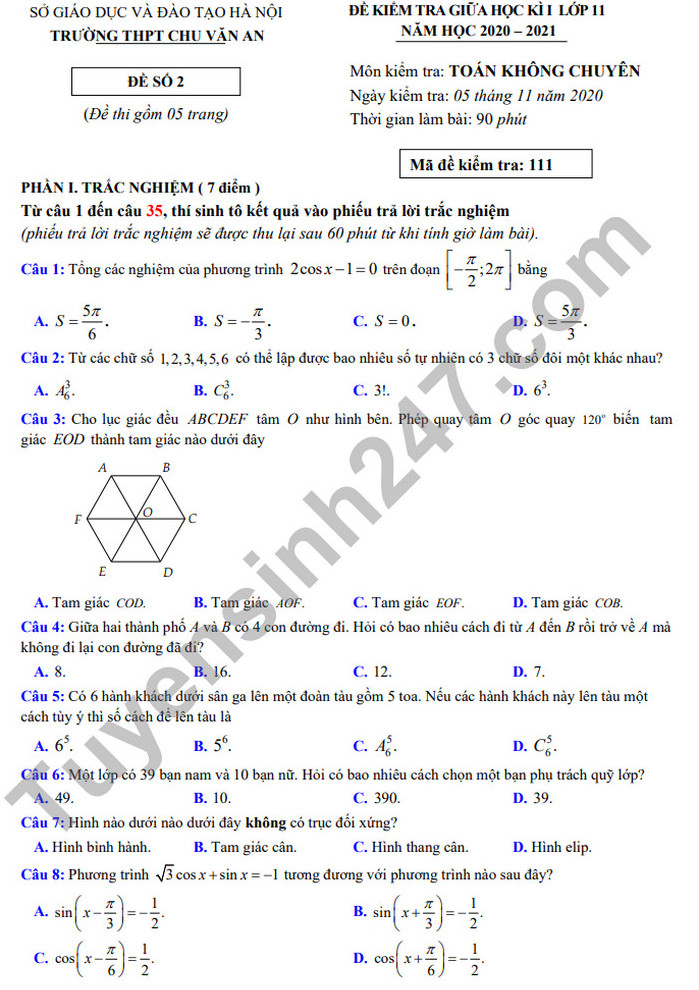 Đề kiểm tra giữa HK1 Toán lớp 11 năm 2020 THPT Chu Văn An 
