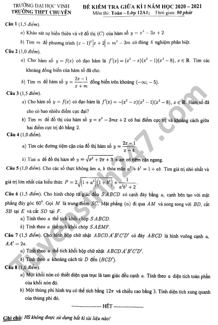 Đề kiểm tra giữa HK1 năm 2020 THPT chuyên ĐH Vinh Toán lớp 12 