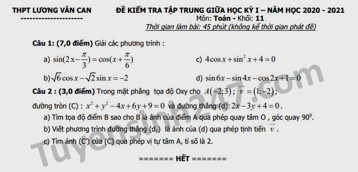 Đề kiểm tra giữa HK1 năm 2020 THPT Lương Văn Can Toán lớp 11 