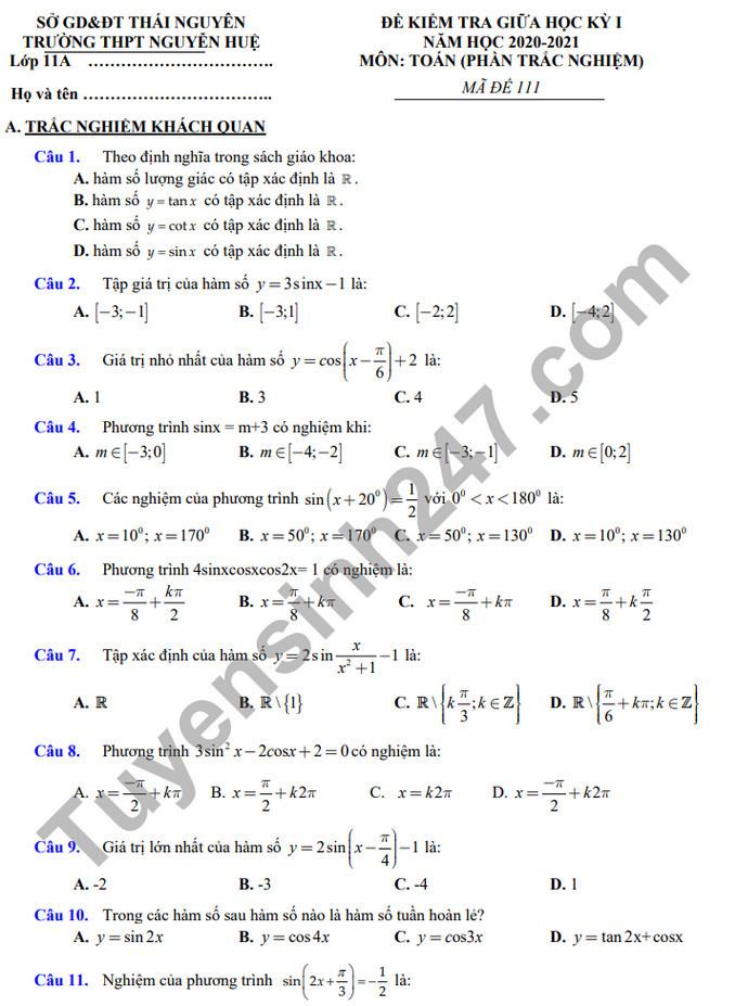 Đề kiểm tra giữa HK1 Toán lớp 11 năm 2020 THPT Nguyễn Huệ 