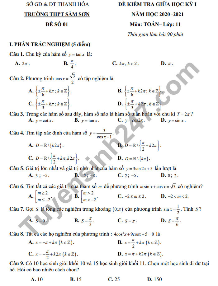 Đề kiểm tra giữa HK1 năm 2020 THPT Sầm Sơn môn Toán lớp 11 