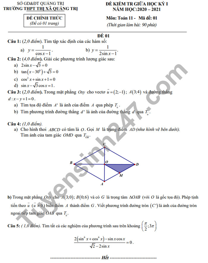 Đề kiểm tra giữa HK1 năm 2020 Toán lớp 11 THPT TX Quảng Trị 