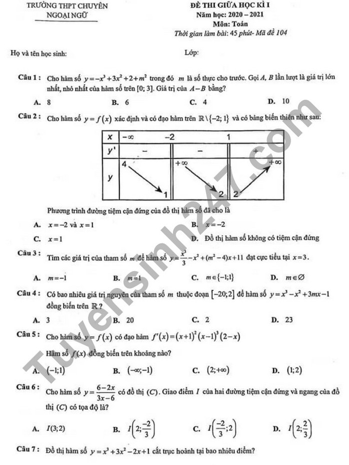 Đề kiểm tra giữa HK1 năm 2020 Toán lớp 12 THPT chuyên Ngoại Ngữ 