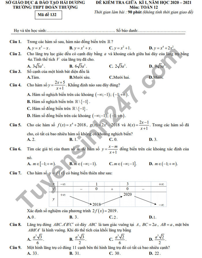 Đề kiểm tra giữa HK1 Toán lớp 12 năm 2020 THPT Đoàn Thượng 