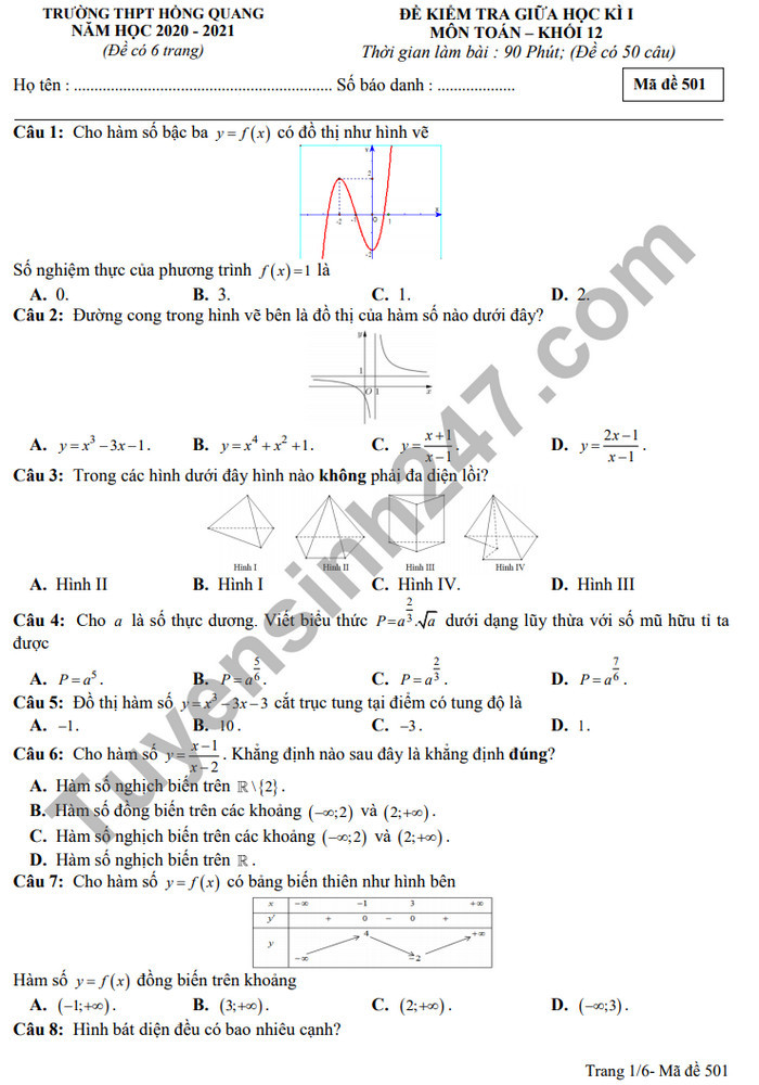 Đề kiểm tra giữa HK1 năm 2020 Toán lớp 12 THPT Hồng Quang 