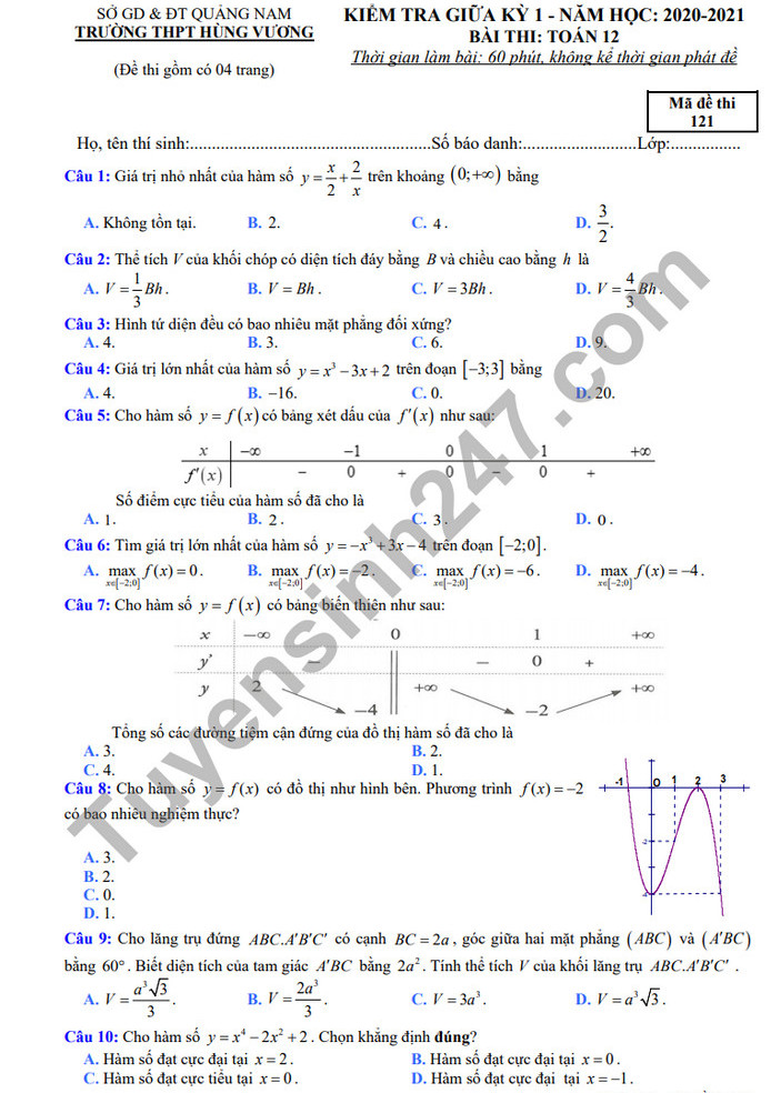Đề kiểm tra giữa HK1 Toán lớp 12 năm 2020 THPT Hùng Vương 