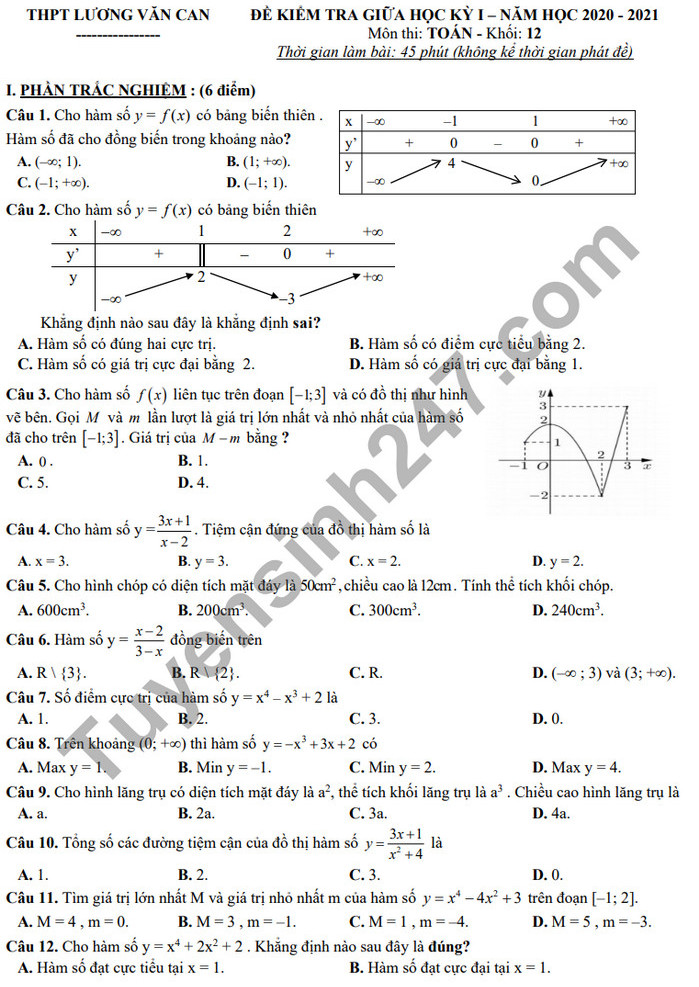 Đề kiểm tra giữa HK1 năm 2020 THPT Lương Văn Can Toán lớp 12 