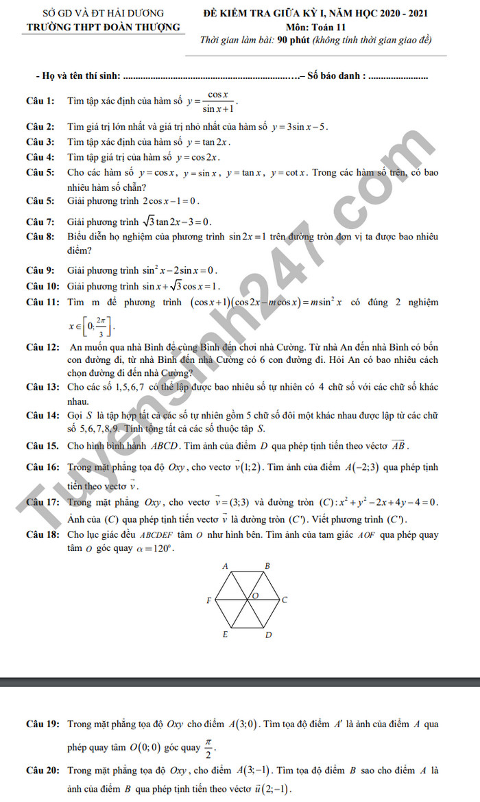 Đề kiểm tra giữa HK1 năm 2020 Toán lớp 11 THPT Đoàn Thượng 