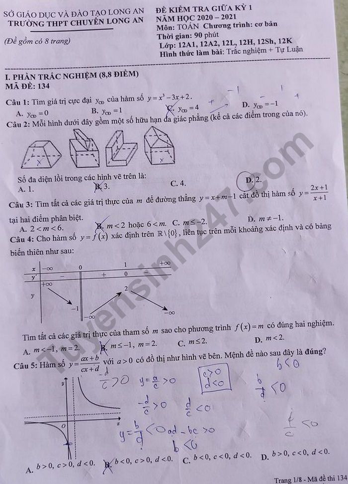 Đề kiểm tra giữa kì 1 THPT Chuyên Long An năm 2020 môn Toán lớp 12