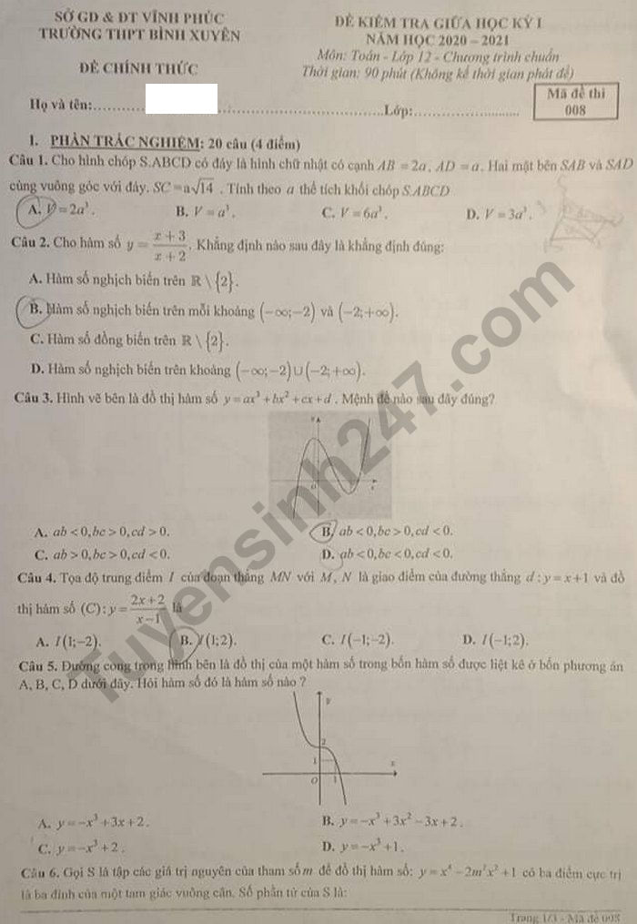 Đề kiểm tra giữa kì 1 lớp 12 THPT Bình Xuyên môn Toán năm 2020