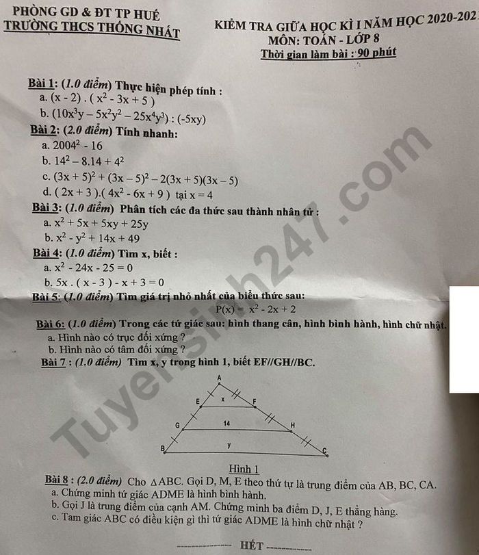 Đề kiểm tra giữa kì 1 lớp 8 môn Toán năm 2020 - THCS Thống Nhất