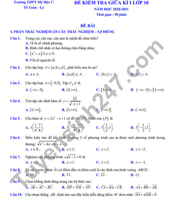Đề kiểm tra giữa HK1 Toán lớp 10 THPT Mỹ Đức C năm 2020 