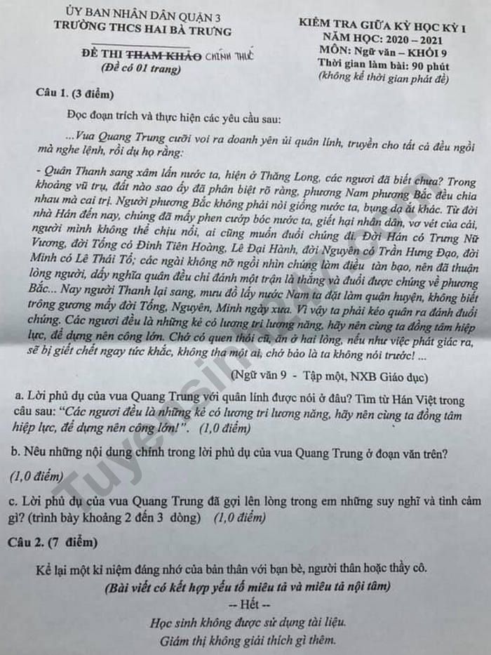 Đề kiểm tra giữa kì 1 môn Văn lớp 9 THCS Hai Bà Trưng năm 2020