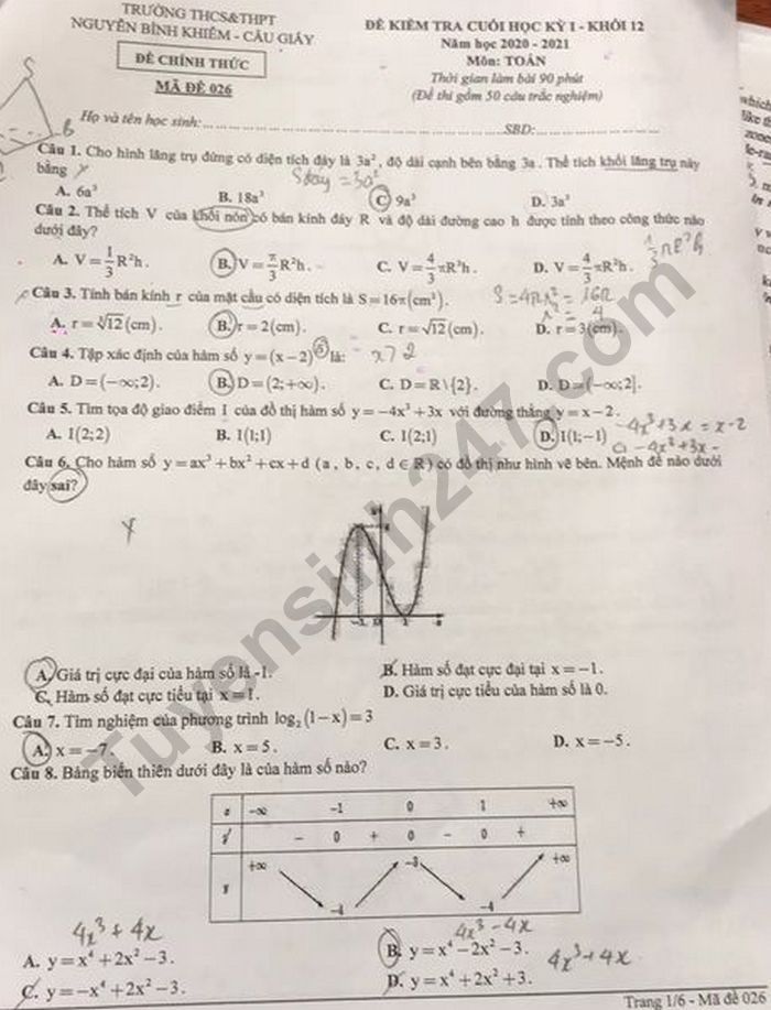  Đề kiểm tra HK1 lớp 12 môn Toán THCS&THPT Nguyễn Bỉnh Khiêm 2020