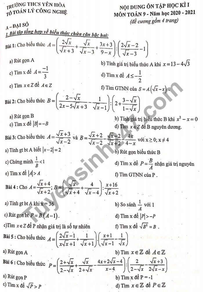 Đề cương ôn tập học kì 1 lớp 9 môn Toán năm 2020 THCS Yên Hòa