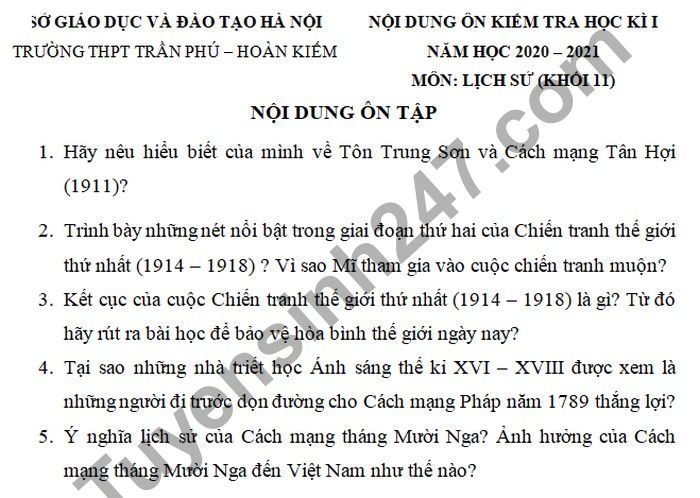 Đề cương ôn tập HK1 2020 THPT Trần Phú - Hoàn Kiếm lớp 11 môn Sử