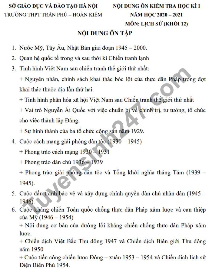 Đề cương ôn kì 1 năm 2020 môn Sử THPT Trần Phú - Hoàn Kiếm lớp 12