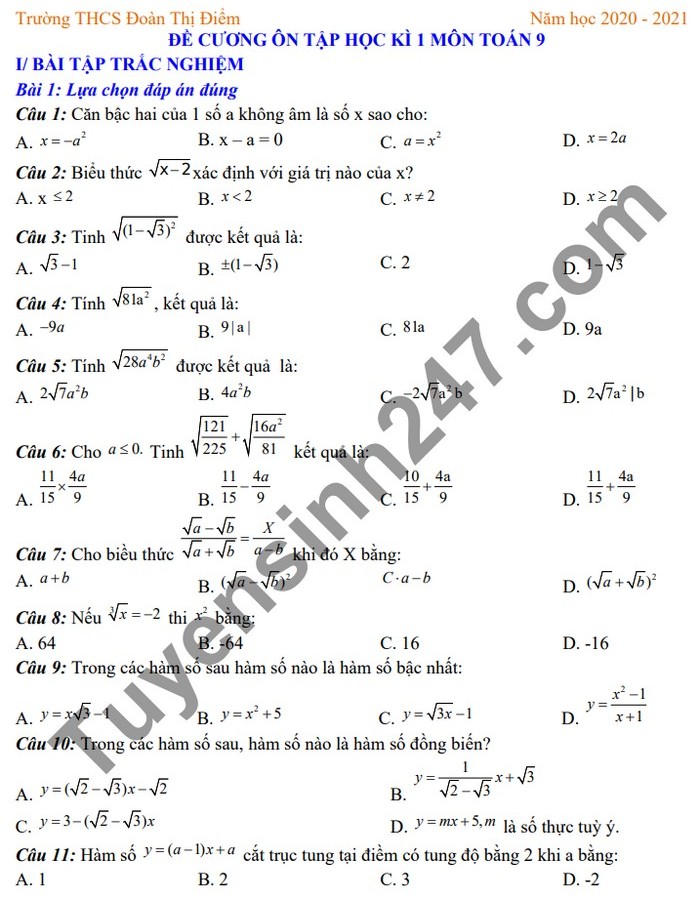 Đề cương HK1 năm 2020 môn Toán lớp 9 THCS Đoàn Thị Điểm