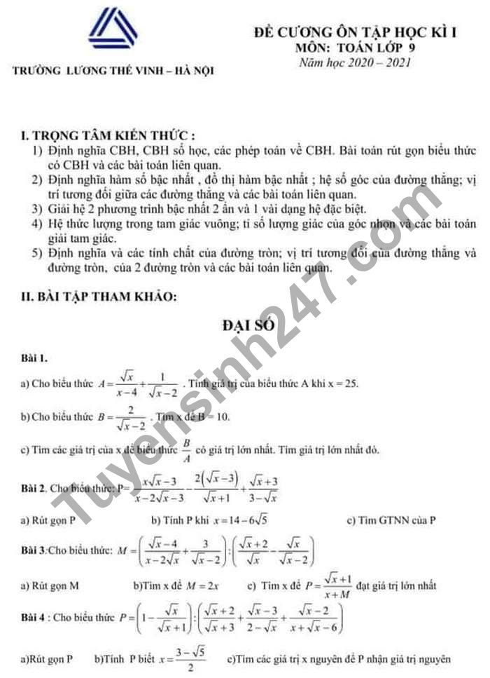  Đề cương ôn HK1 Trường Lương Thế Vinh lớp 9 môn Toán năm 2020