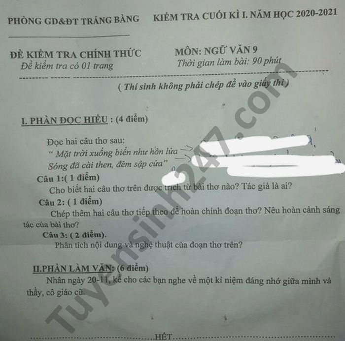 Đề thi cuối kì 1 môn Văn lớp 9 Phòng GD Trảng Bàng năm 2020 