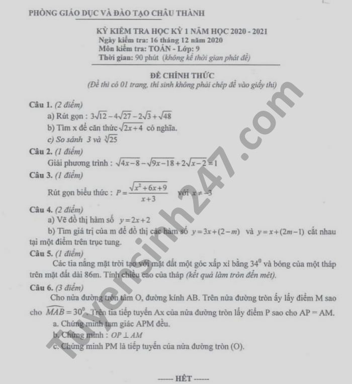 Đề thi học kì 1 năm 2020 môn Toán lớp 9 Phòng GD Châu Thành