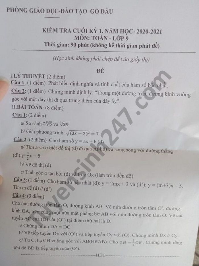 Đề kiểm tra cuối kì 1 Phòng GD Gò Dầu năm 2020 Toán lớp 9 