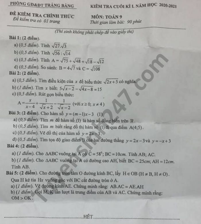 Đề thi học kì 1 Phòng GD Trảng Bàng năm 2020 môn Toán lớp 9