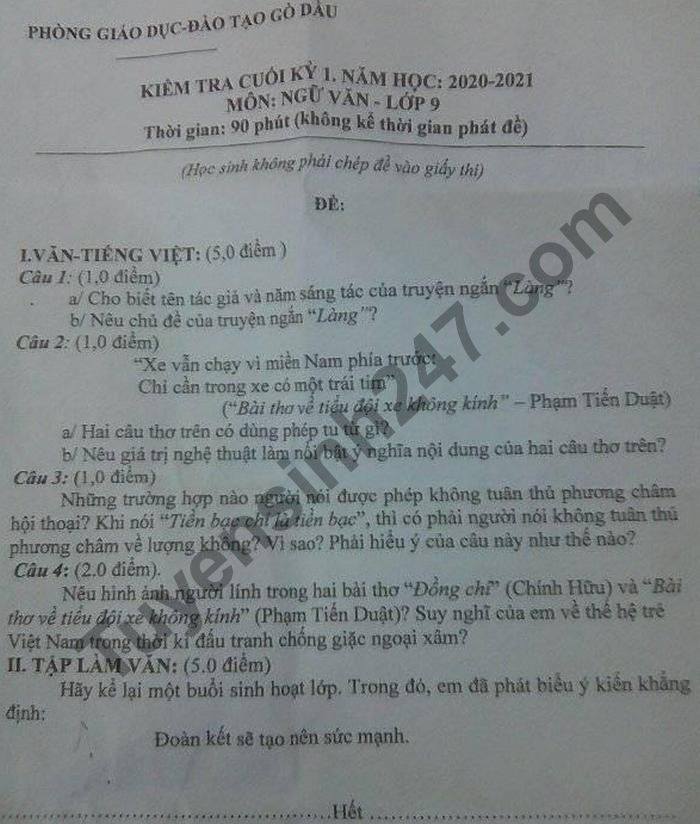 Đề kiểm tra cuối HK1 năm 2020 lớp 9 môn Văn Phòng GD Gò Dầu