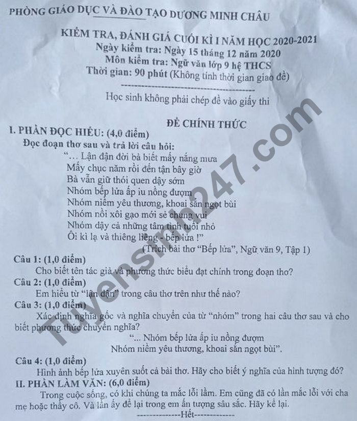 Đề kiểm tra HK1 2020 lớp 9 môn Văn Phòng GD Dương Minh Châu
