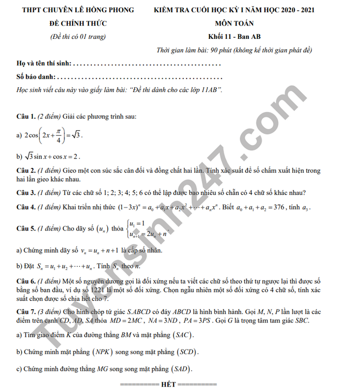 Đề thi học kì 1 năm 2020 THPT chuyên Lê Hồng Phong môn Toán lớp 11