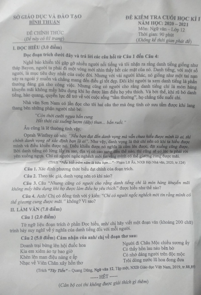 Đề kiểm tra học kì 1 năm 2020 môn Văn lớp 12 tỉnh Bình Thuận 