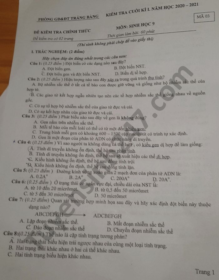 Đề thi học kì 1 năm 2020 môn Sinh lớp 9 Phòng GD Trảng Bàng 