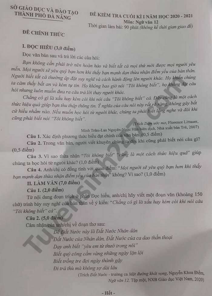 Đề thi học kì 1 TP Đà Nẵng năm 2020 môn Văn lớp 12 