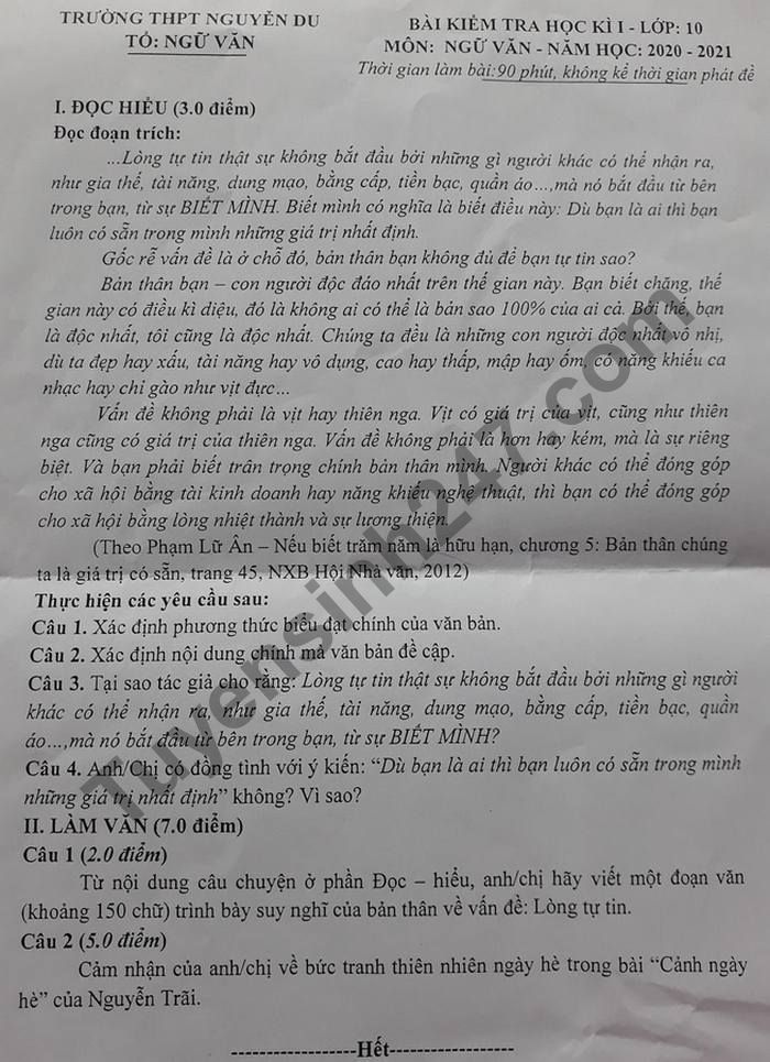 Đề kiểm tra học kì 1 năm 2020 THPT Nguyễn Du lớp 10 môn Văn