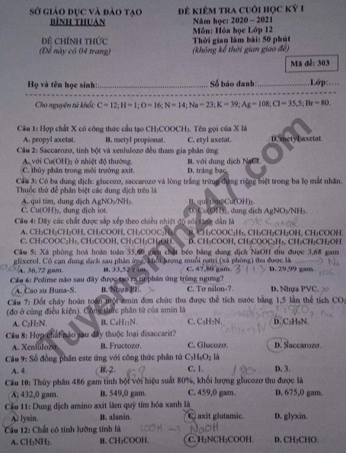 Đề kiểm tra HK1 môn Hóa lớp 12 năm 2020 Sở GD Bình Thuận