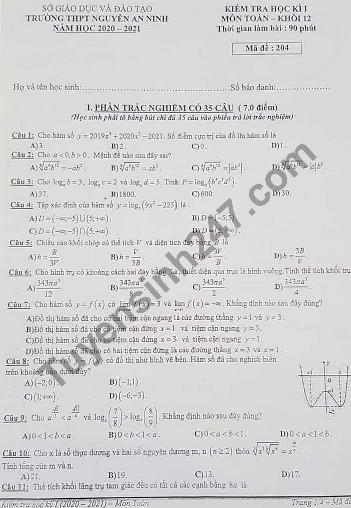 Đề kiểm tra học kì 1 năm 2020 môn Toán lớp 12 THPT Nguyễn An Ninh