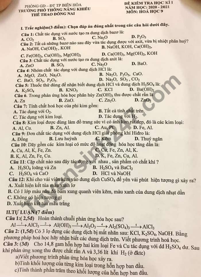 Đề thi HK1 môn Hóa lớp 9 Trường PTNK Thể Thao Đồng Nai 2020