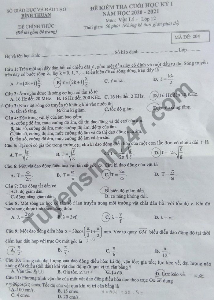 Đề kiểm tra HK1 năm 2020 môn Vật Lí lớp 12 Sở GD Bình Thuận