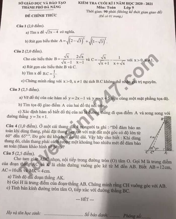 Đề thi học kì 1 lớp 9 môn Toán Sở GD TP Đà Nẵng năm 2020