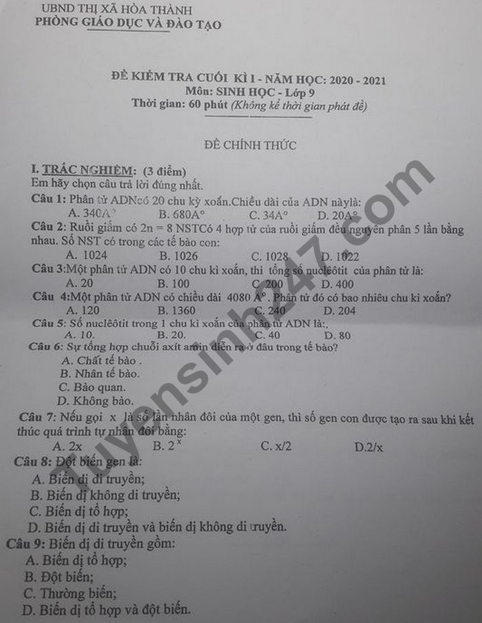 Đề kiểm tra HK1 Phòng GD TX Hòa Thành môn Sinh lớp 9 năm 2020