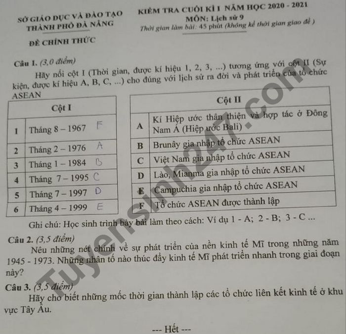 Đề kiểm tra HK1 năm 2020 môn Sử lớp 9 Sở GD TP Đà Nẵng