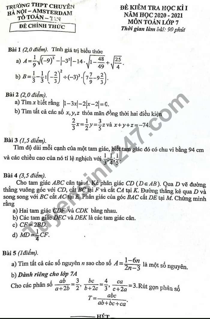 Đề kiểm tra HK1 2020 Trường Chuyên Hà Nội-Amsterdam môn Toán lớp 7